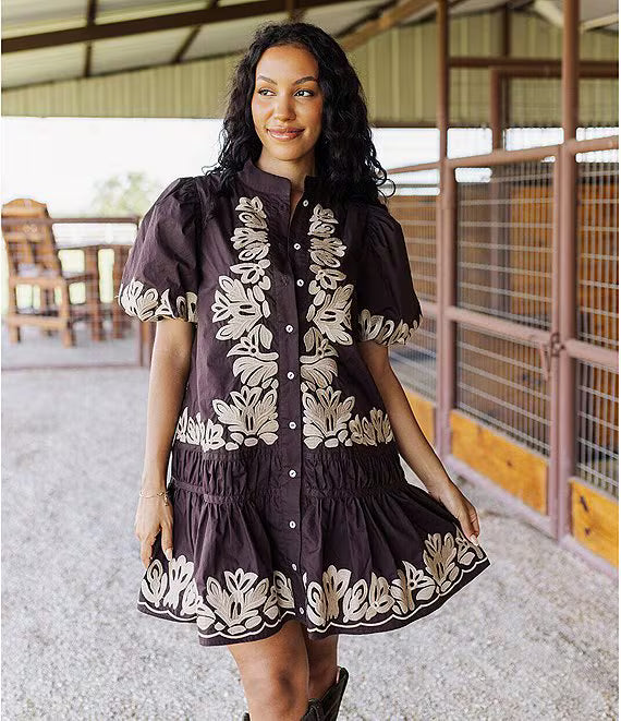 Camille Embroidered Puff Sleeve Shirt Dress