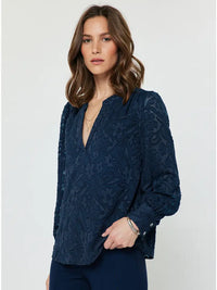 Navy Floral Textured Long Sleeve Blouse