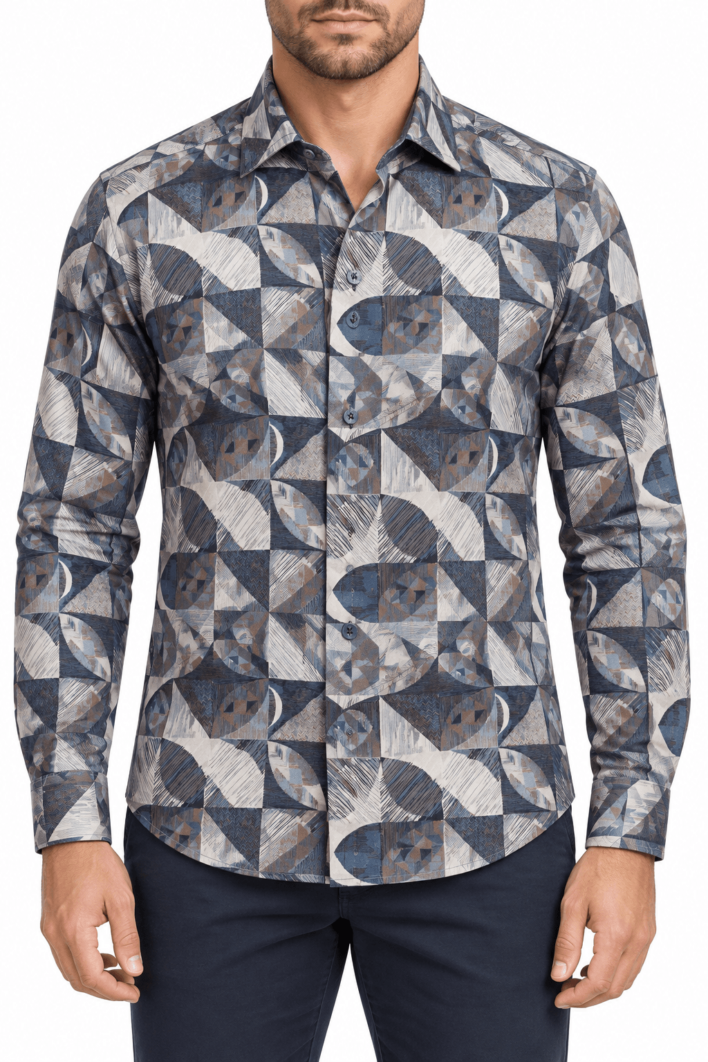 Retro Mosaic Long-Sleeve Sport Shirt – Slate Blue Multi