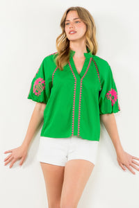 Green Petal Puff Sleeve Top