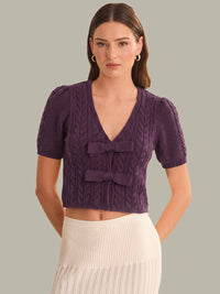 Alexandra Cable Puff Sleeve Bow Cardigan