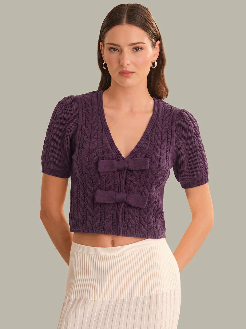 Alexandra Cable Puff Sleeve Bow Cardigan