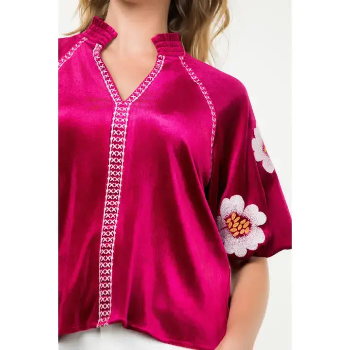 Embroidered Detail Velvet Puff Sleeve Top THML
