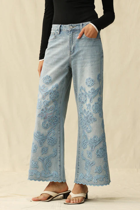 Embroidery & Rhinestone High Rise Denim