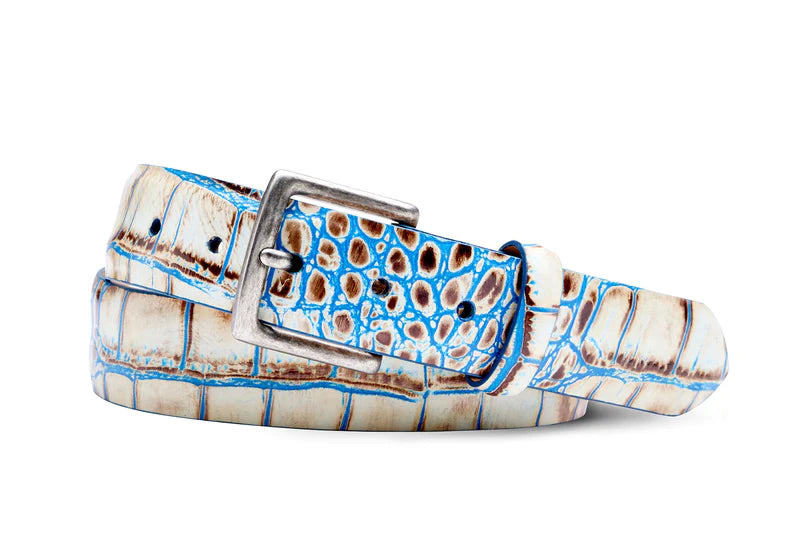 Embossed Crocodile Belt - Beige / Blue