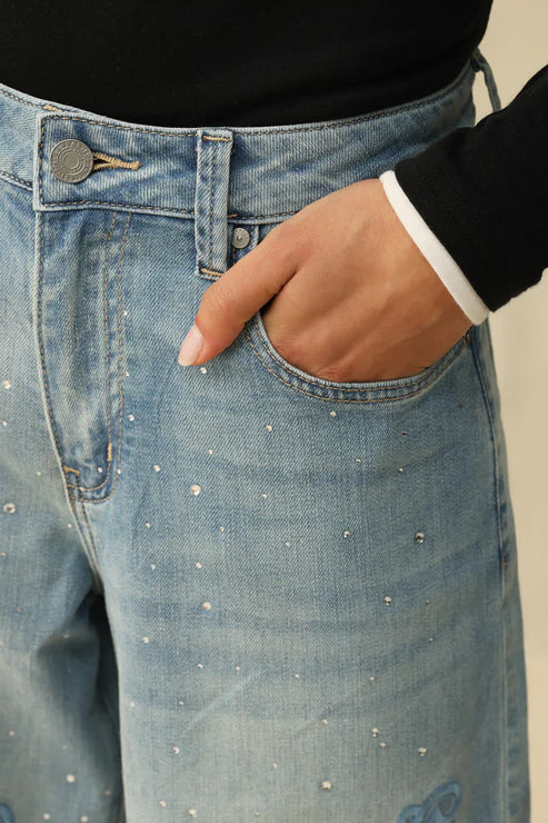 Embroidery & Rhinestone High Rise Denim