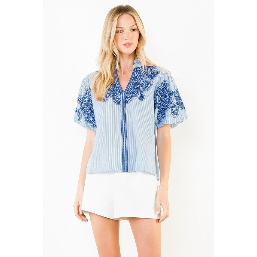 Embroidered Puff Sleeve Split Neck Top