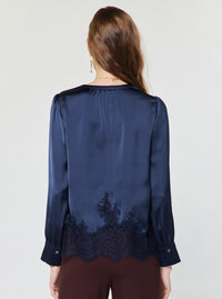 Navy Lace Hem Satin Blouse