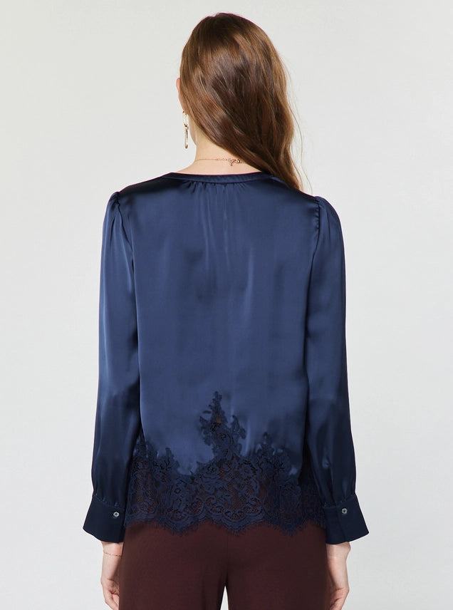 Navy Lace Hem Satin Blouse
