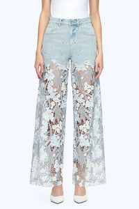 Embroidered Wide-Leg Lace Jeans With Rhinestone