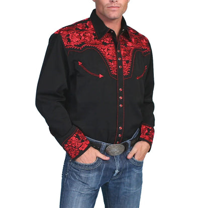 Floral Embroidered Rockabilly Shirt - Crimson