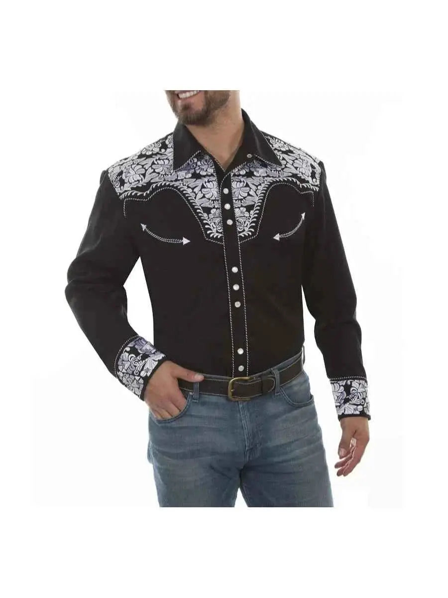 Floral Embroidered Rockabilly Shirt - Silver