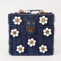 Wicker Bucket Daisy Flower Purse - Navy