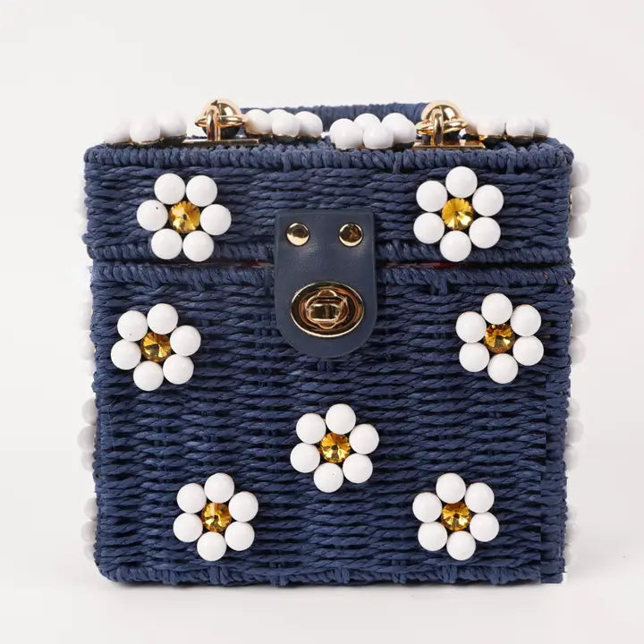 Wicker Bucket Daisy Flower Purse - Navy