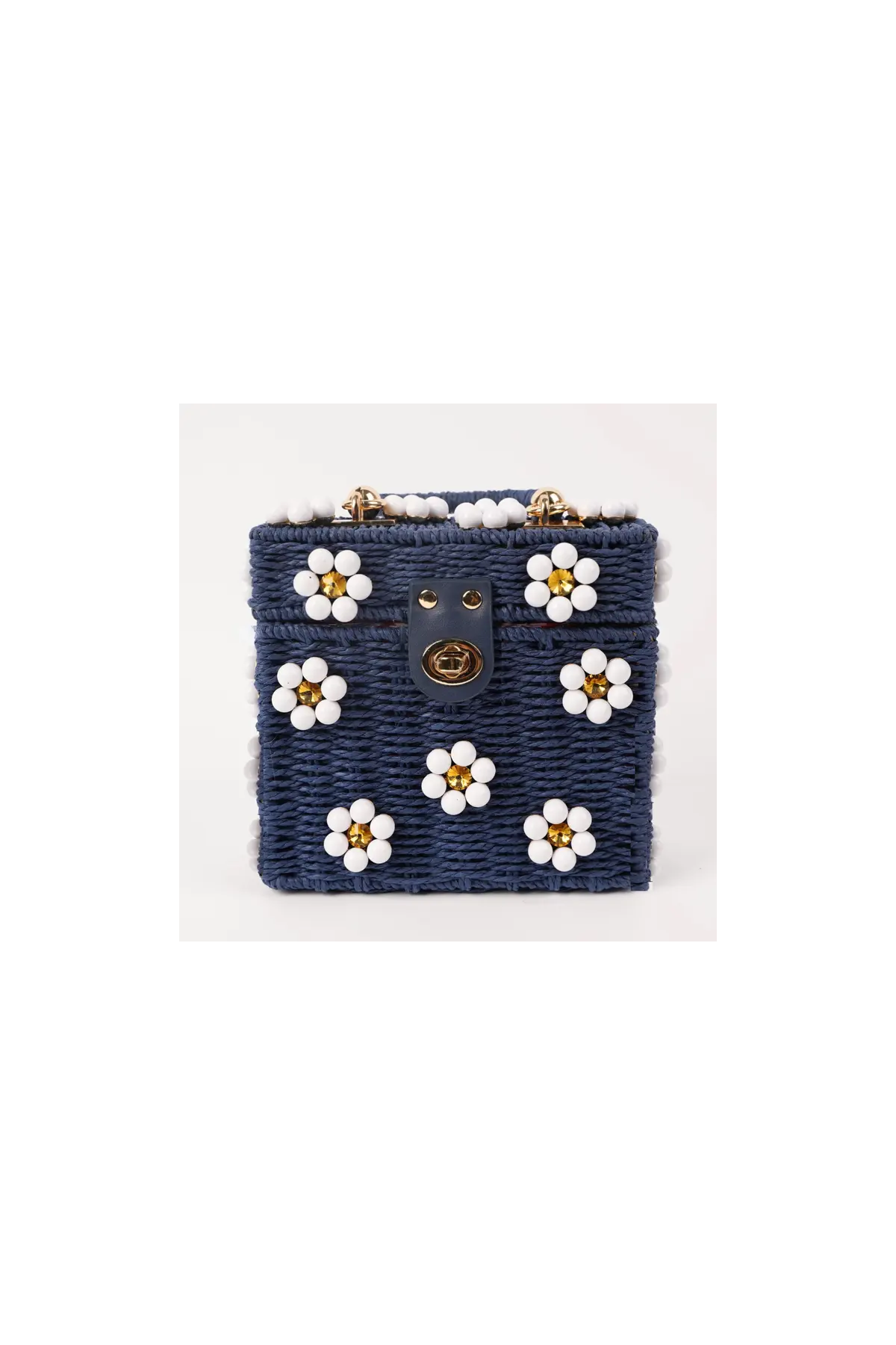 Wicker Bucket Daisy Flower Purse - Navy