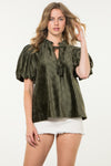 Puff Sleeve Velvet Top - Olive