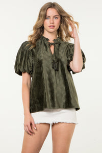 Puff Sleeve Velvet Top - Olive