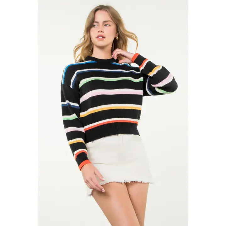 Multi Stripe Crew Neck Knit Sweater THML