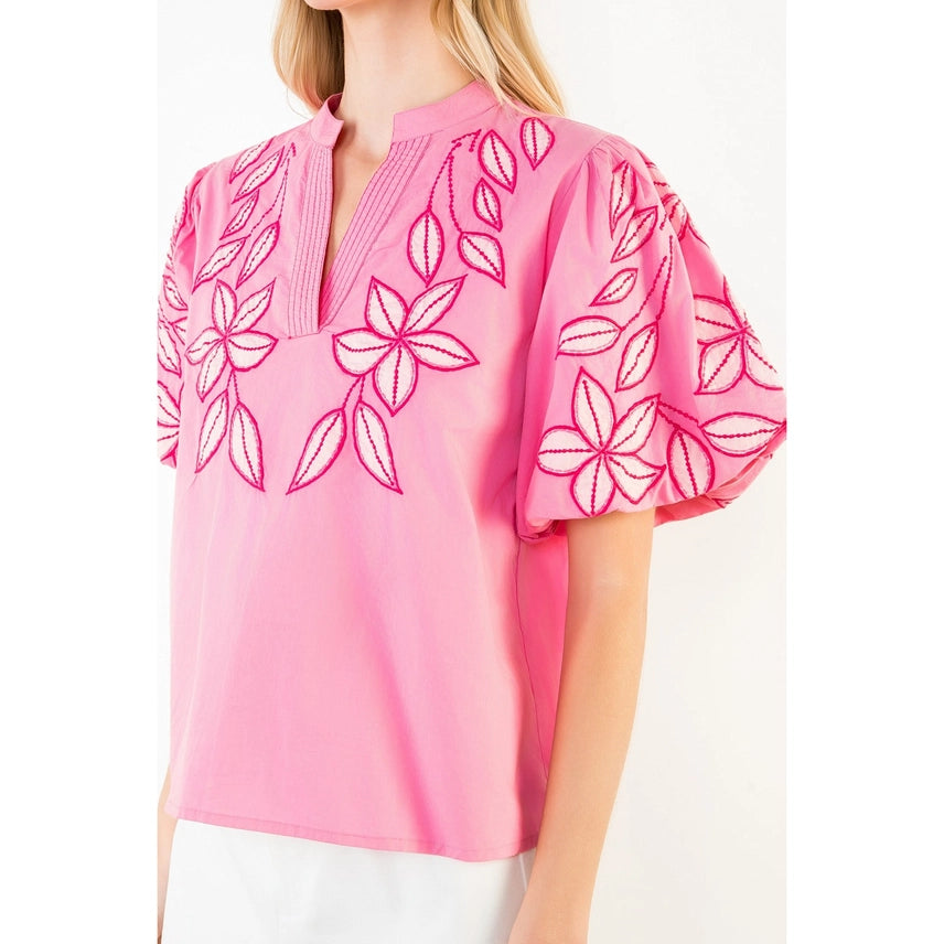 Embroidered Puff Sleeve Split Neck Top