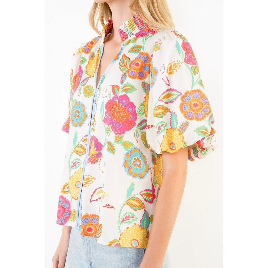 Puff Sleeve Floral Pattern V-Neck Top