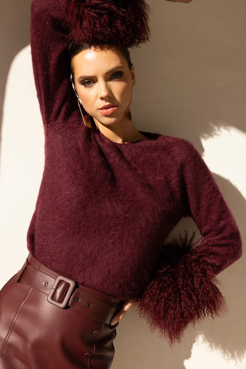 Sunrise Removable Wool Cuff Cashmere Sweater in Burgundy