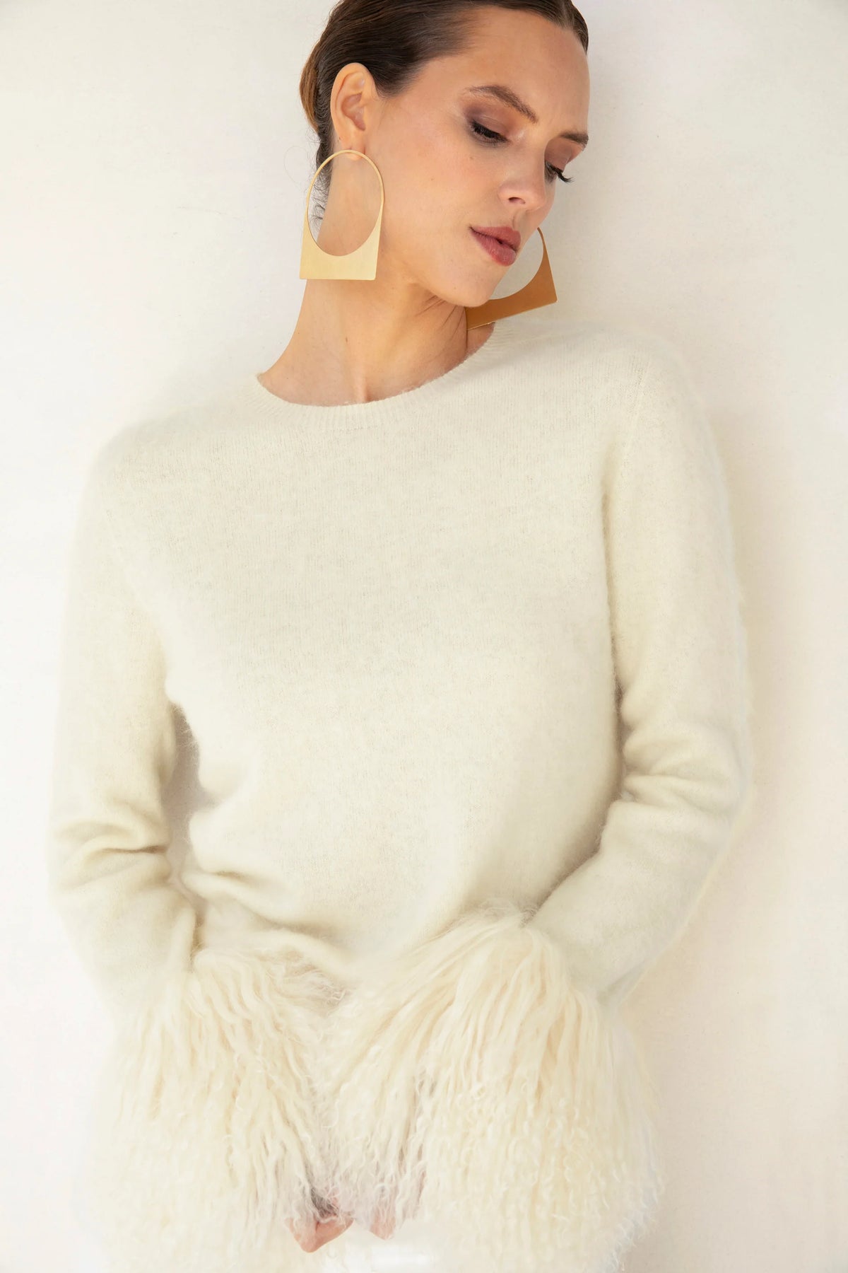 Sunrise Removable Wool Cuff Cashmere Sweater in Cream