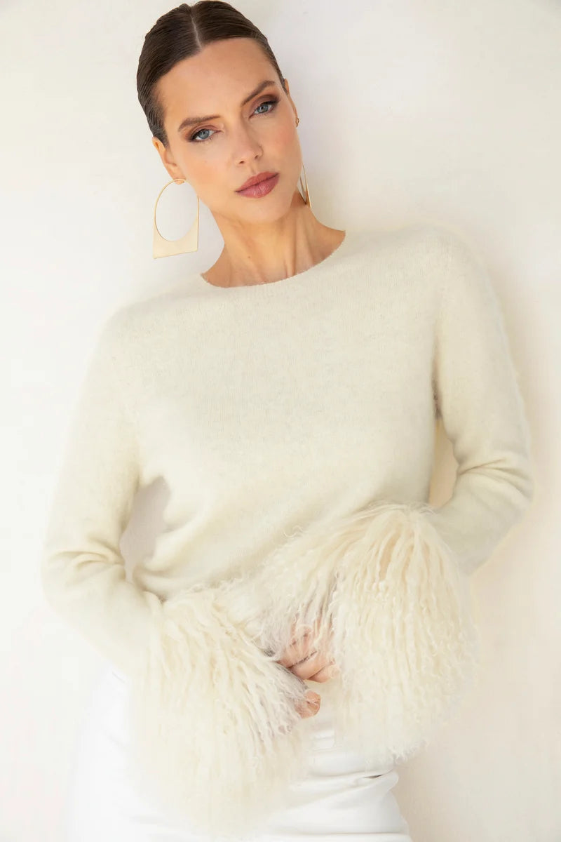 Sunrise Removable Wool Cuff Cashmere Sweater in Cream