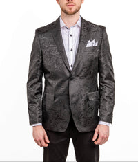 Man wearing a patterned gray blazer on a white background