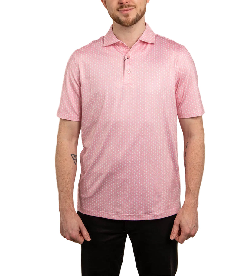 Man wearing a pink patterned polo shirt on a white background