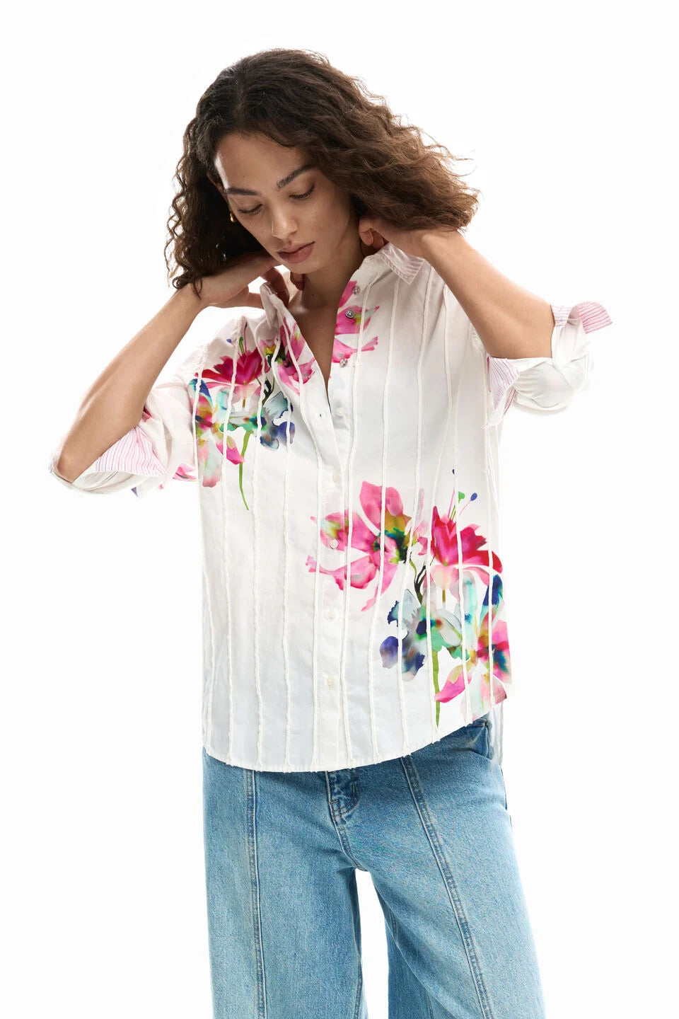 Long-sleeve pleated floral shirt