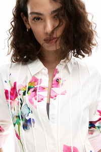 Long-sleeve pleated floral shirt