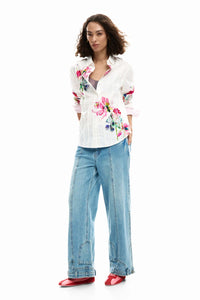 Long-sleeve pleated floral shirt