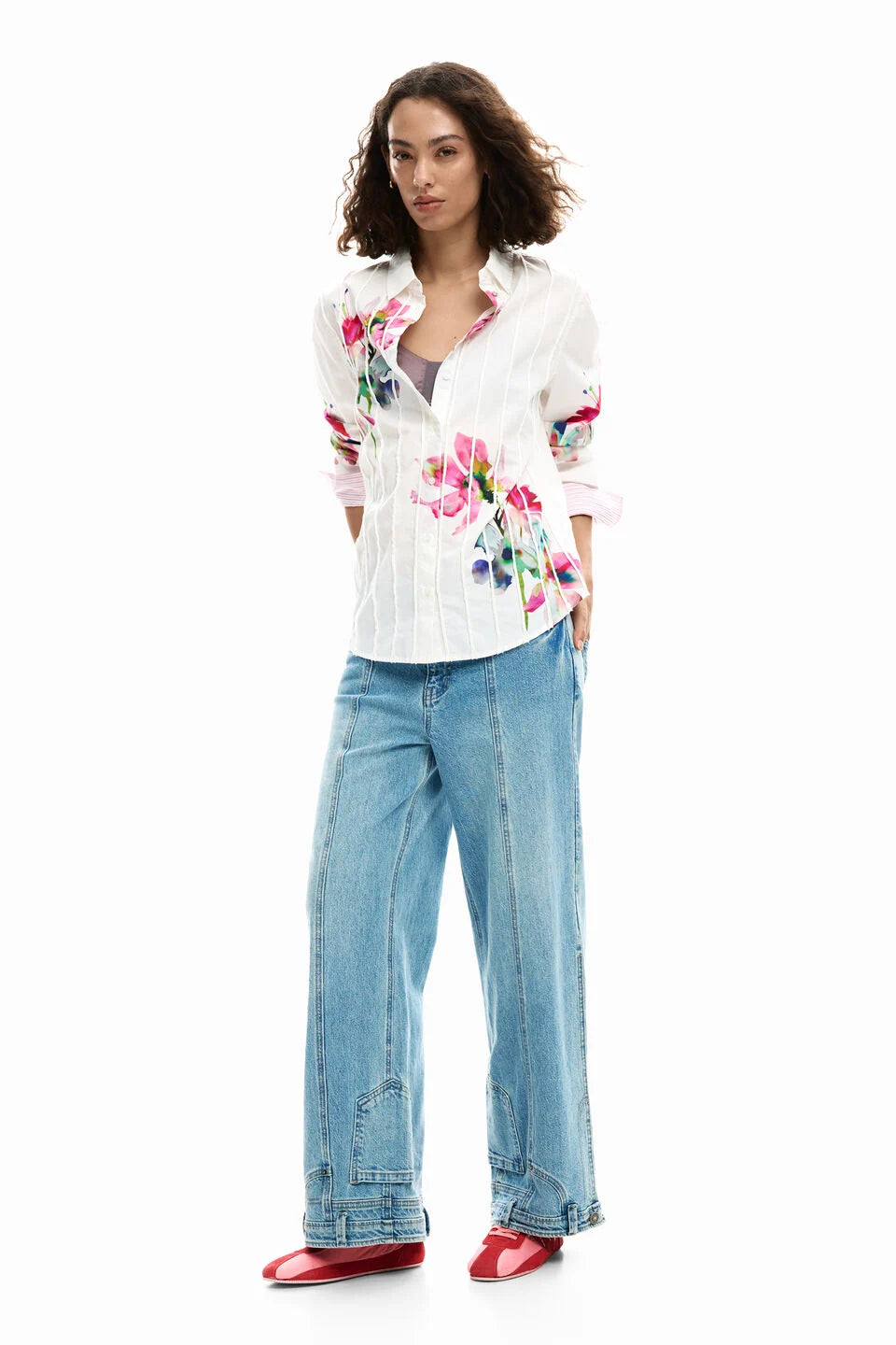 Long-sleeve pleated floral shirt