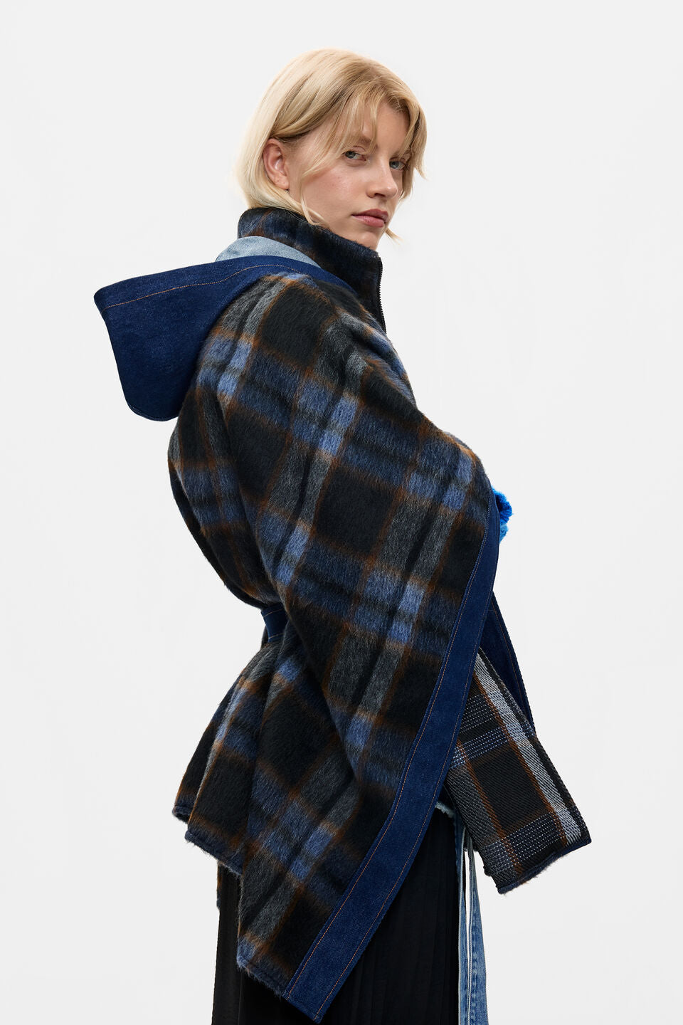 Plaid denim poncho