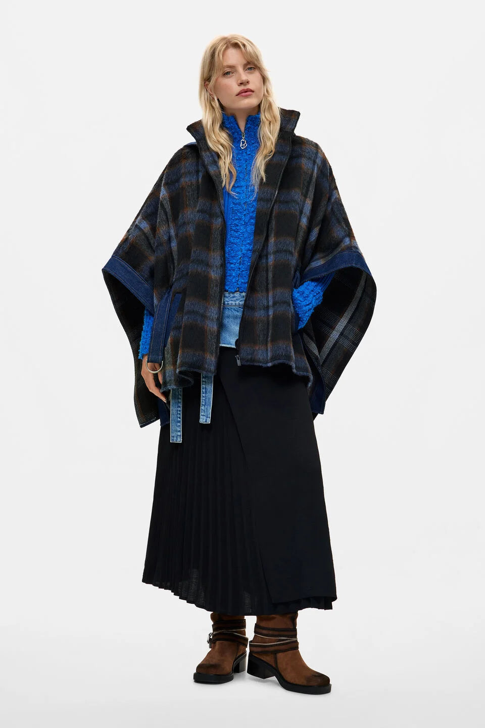 Plaid denim poncho