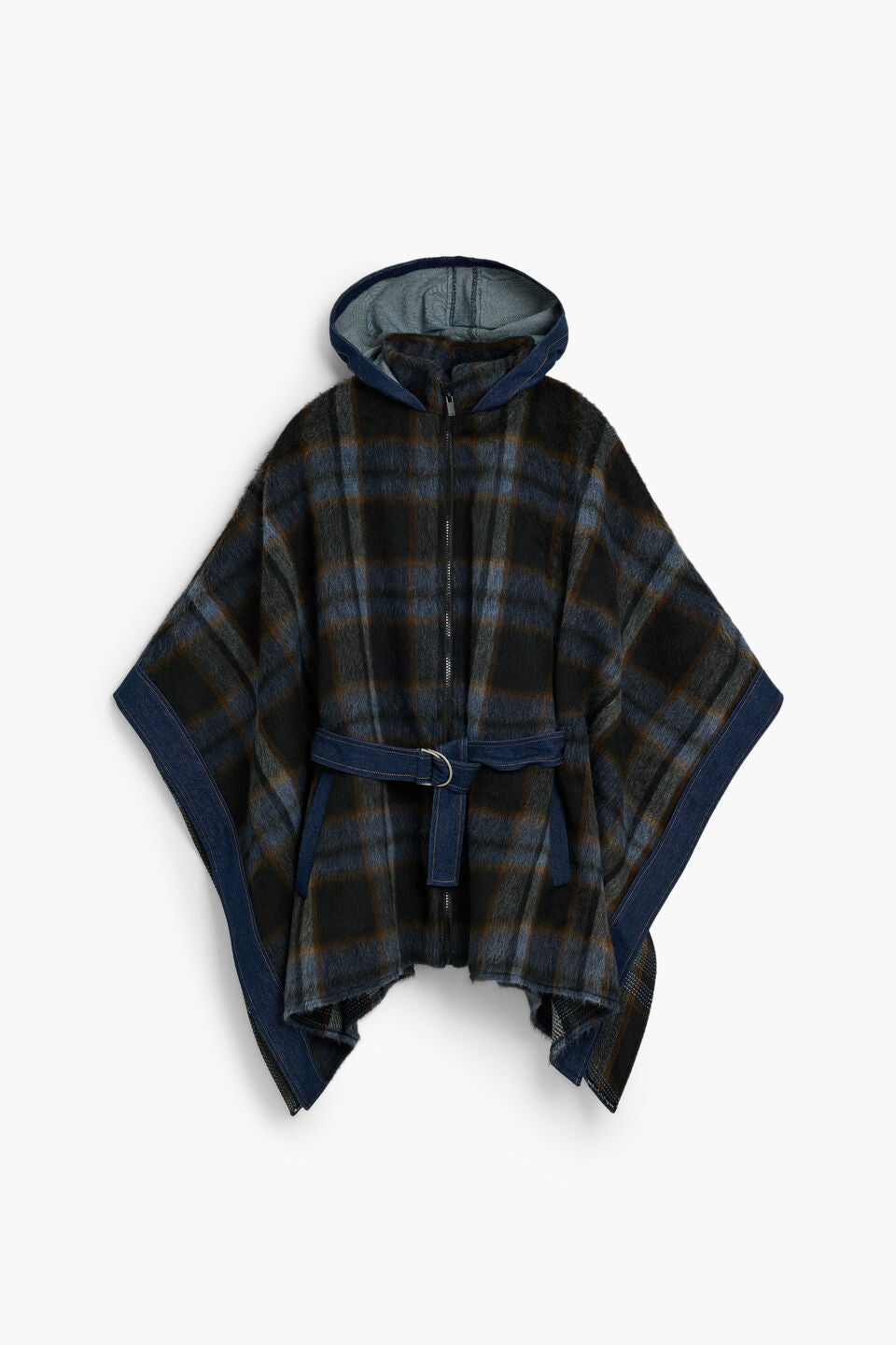 Plaid denim poncho