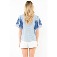 Embroidered Puff Sleeve Split Neck Top