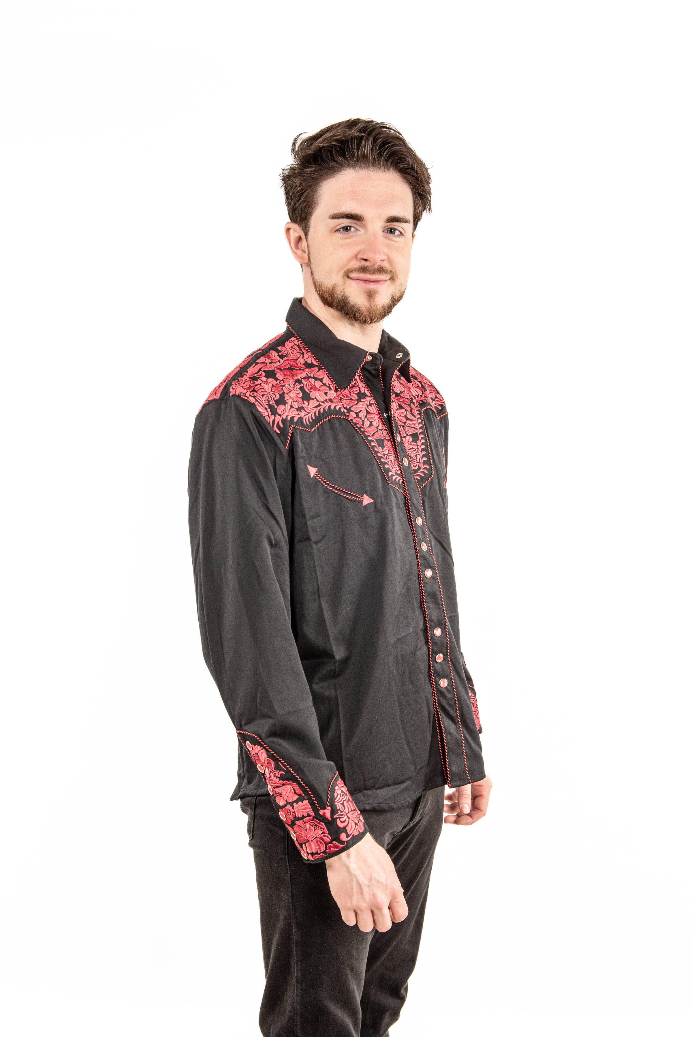 Floral Embroidered Rockabilly Shirt - Crimson