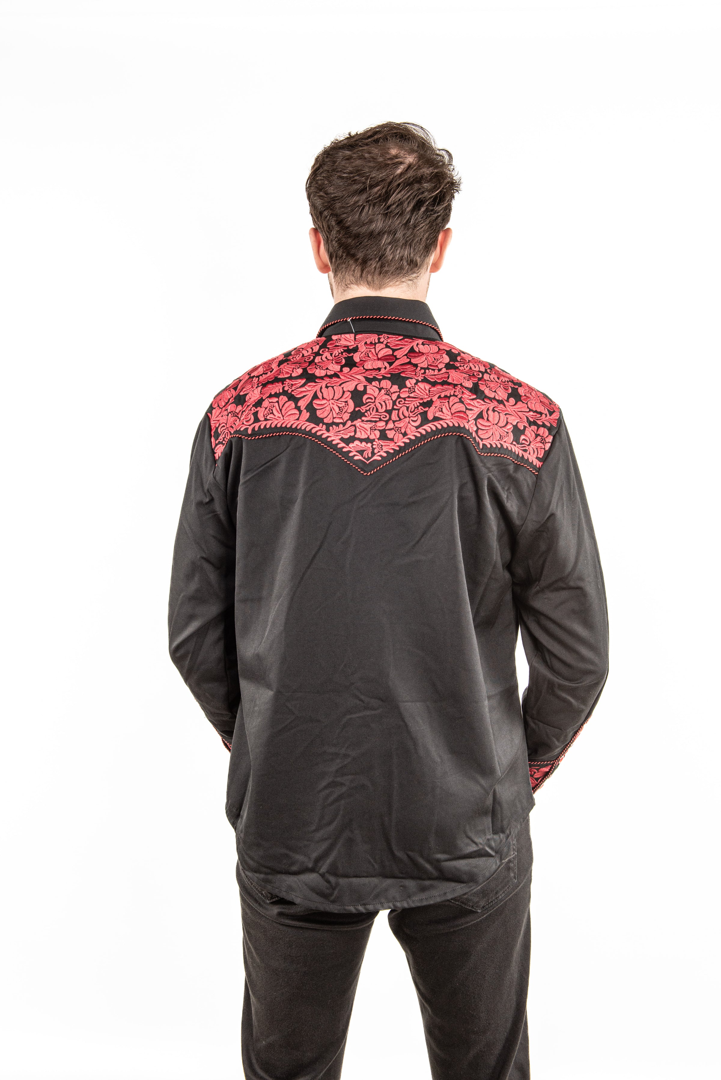 Floral Embroidered Rockabilly Shirt - Crimson