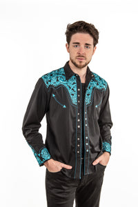 Floral Embroidered Rockabilly Shirt - Turquoise