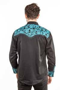 Floral Embroidered Rockabilly Shirt - Turquoise