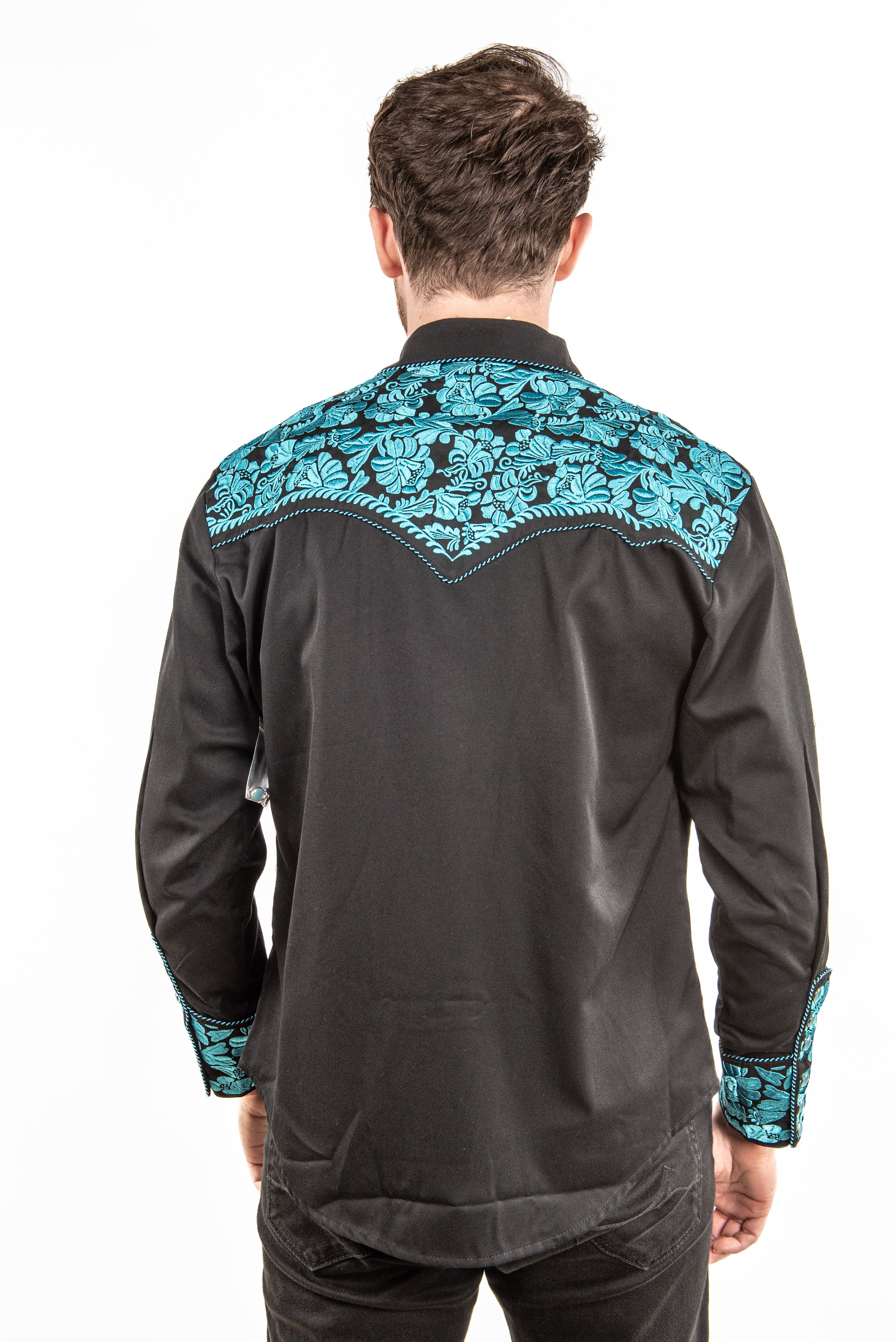 Floral Embroidered Rockabilly Shirt - Turquoise