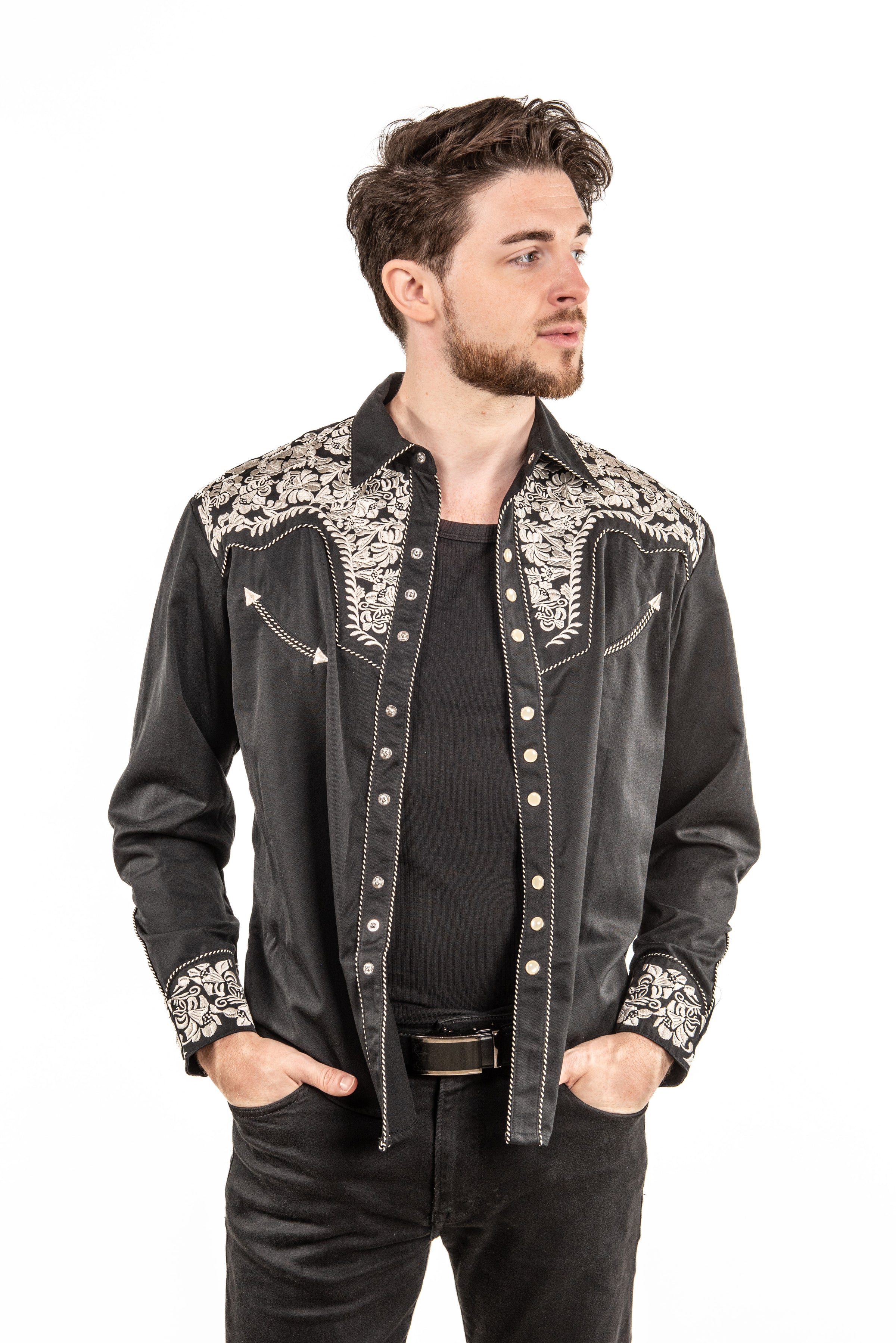 Floral Embroidered Rockabilly Shirt - Silver