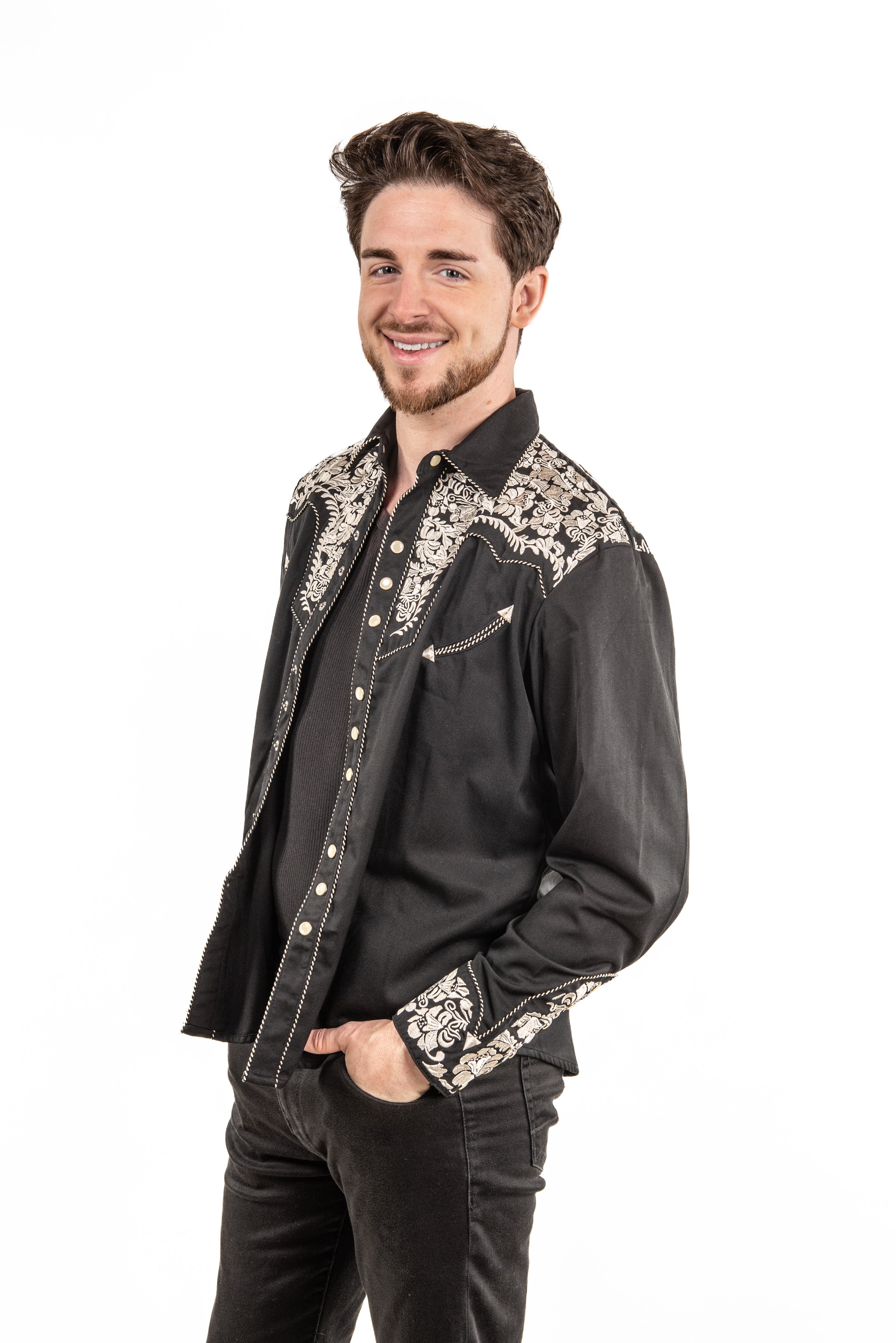 Floral Embroidered Rockabilly Shirt - Silver