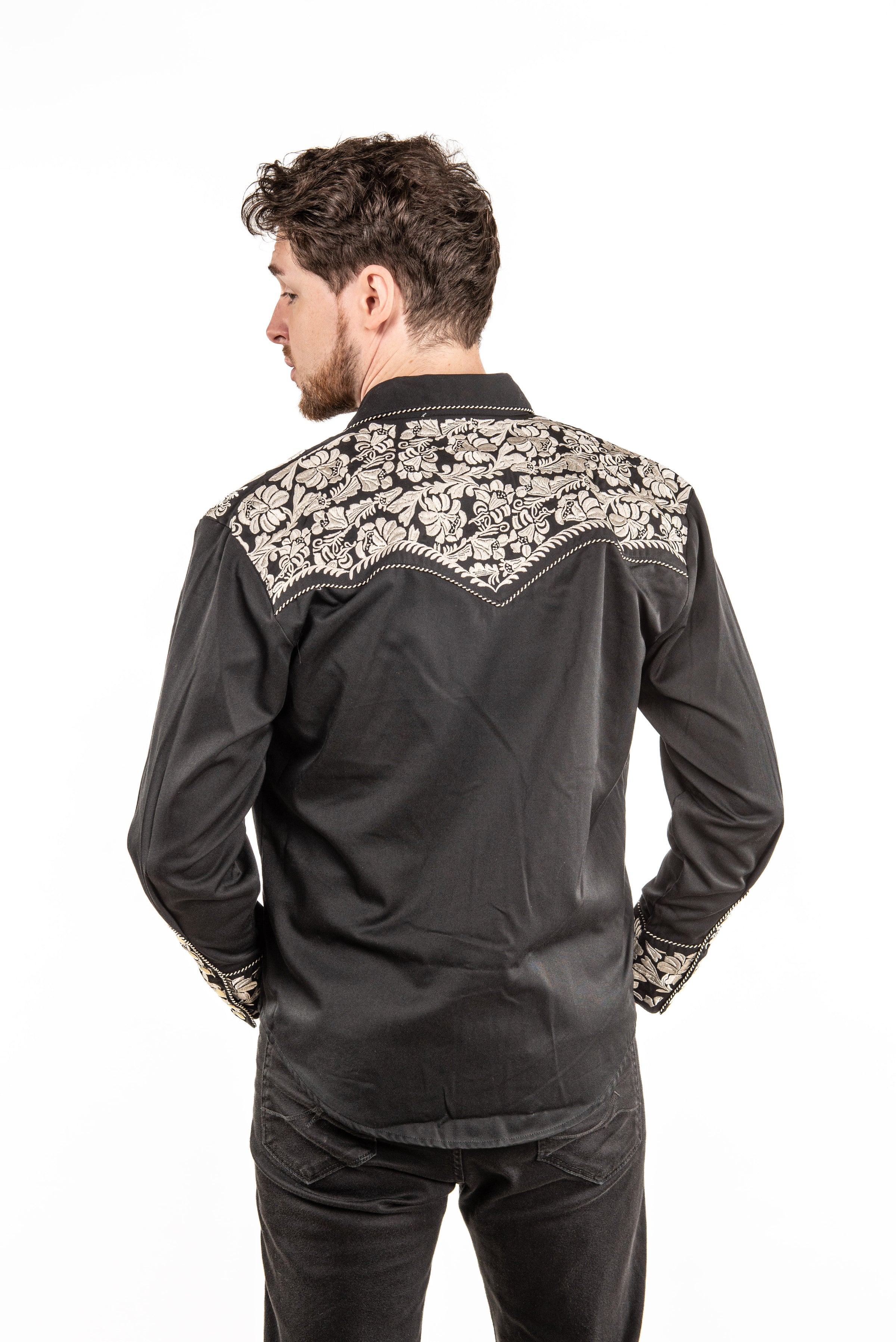 Floral Embroidered Rockabilly Shirt - Silver
