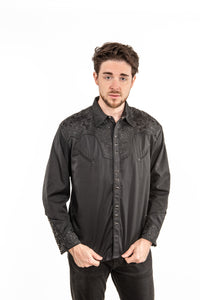 Floral Embroidered Rockabilly Shirt - Jet Black
