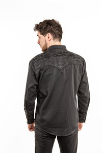 Floral Embroidered Rockabilly Shirt - Jet Black