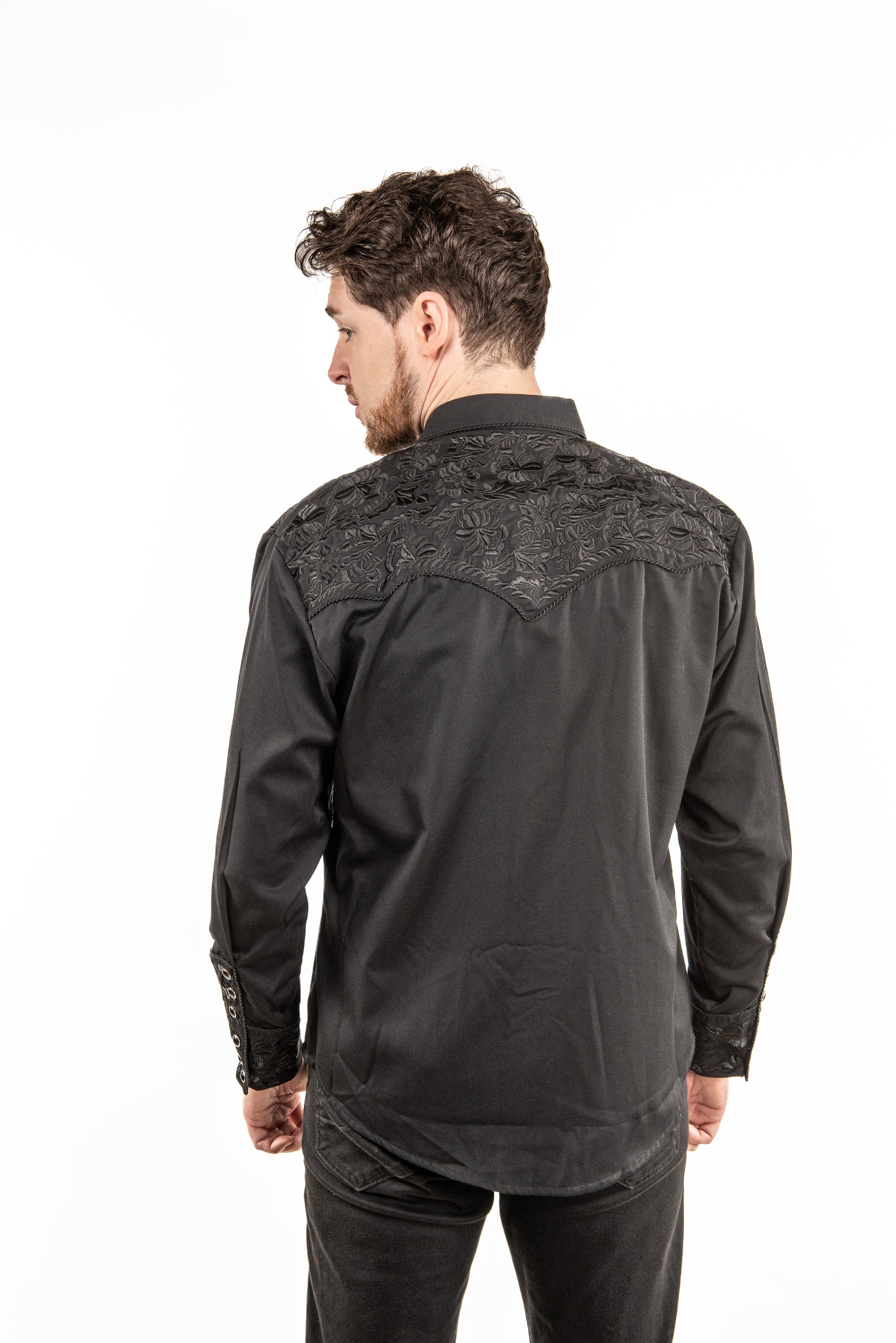 Floral Embroidered Rockabilly Shirt - Jet Black