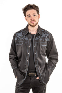 Rose Embroidered Rockabilly Shirt - Black