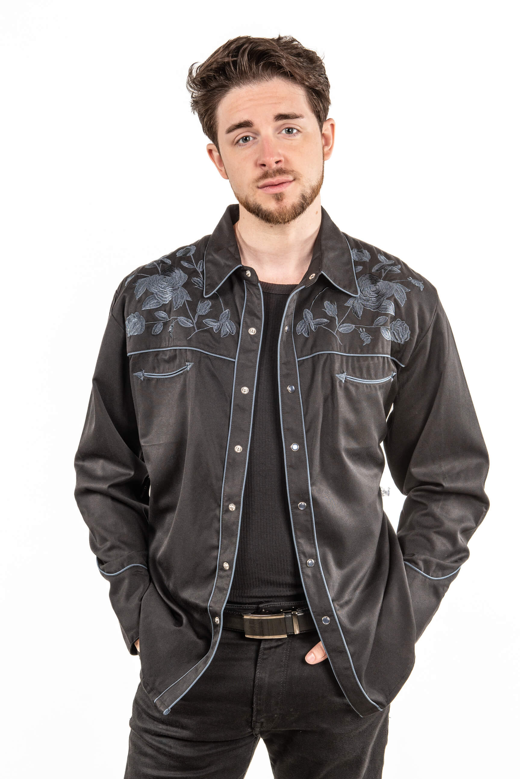 Rose Embroidered Rockabilly Shirt - Black